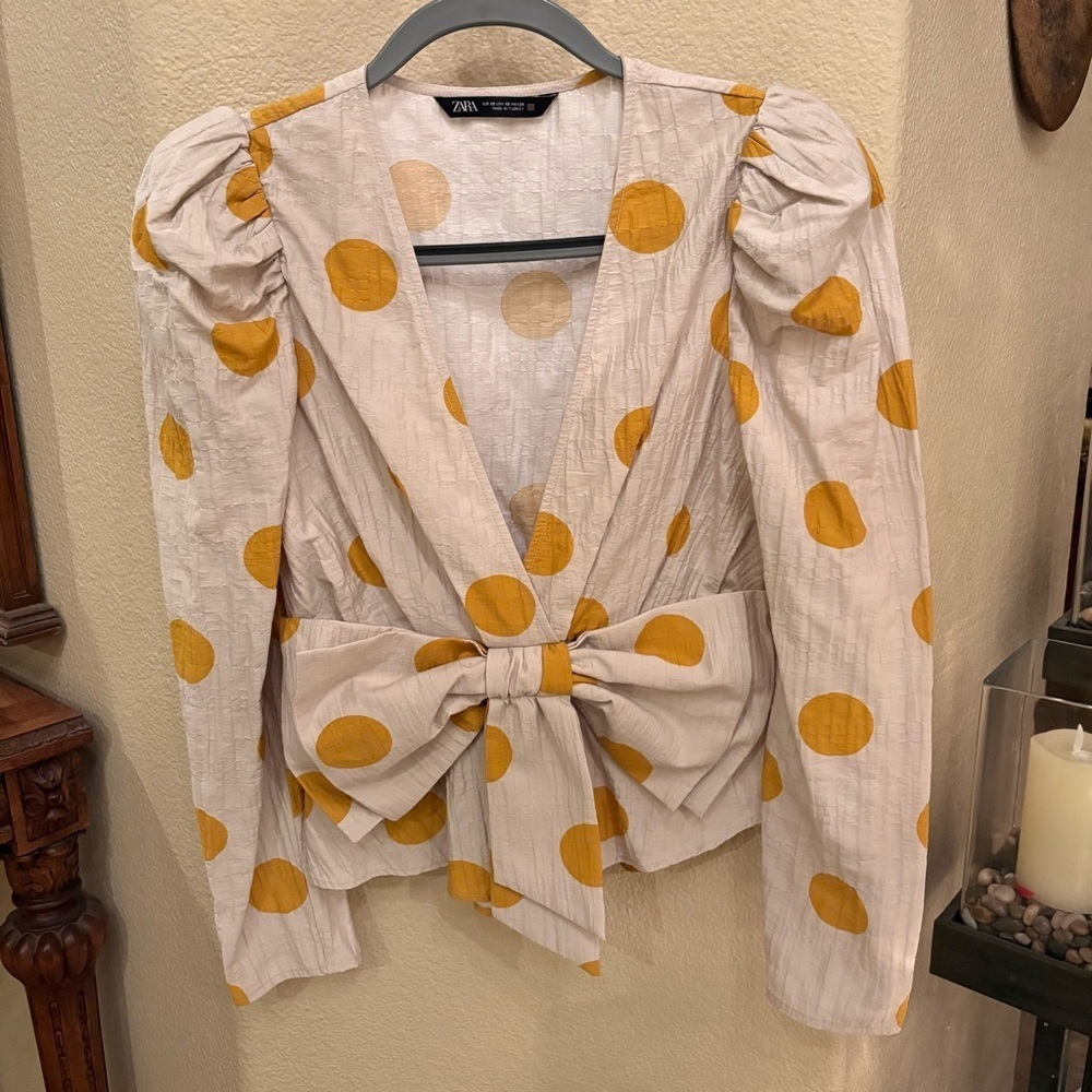 Zara Women's Cream Mustard Yellow Polka Dots Bow Puff Long Sleeve Top Size XS